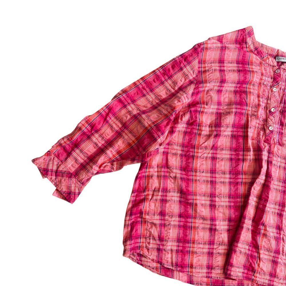 Catherine's Pink Plaid Top Womens Plus 3X Seersucker Long Sleeve Half Button - Picture 3 of 8